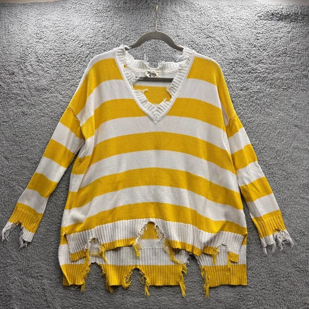 Show Me Your Mumu Small Sweater Yellow and White Raw Hem V-Neck Boxy Distressed